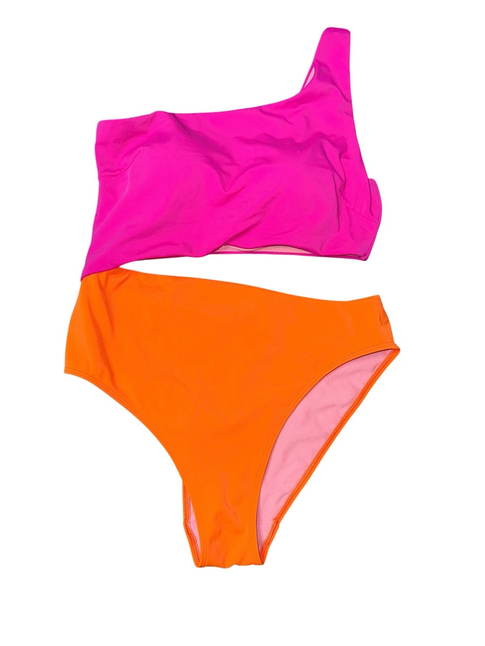 Boden One Shoulder Cut Out Swimsuit Hot Pink Bright Orange Colorblock Sz 12 - Picture 2 of 11